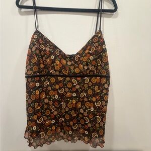 Y2K Daisy Fuentes XL Brown Floral Paisley Camisole babydoll tank top earth tones